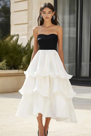 Robe longue formelle en satin sans bretelles noir et blanc